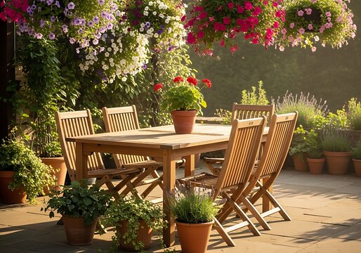 Wooden dining table and chairs set on a sunny garden patio surrounded by beautiful blooming flowers. garten im sommer