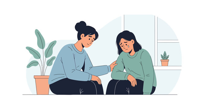 Sad woman crying, comforted by supportive friend, empathy and mental health support concept