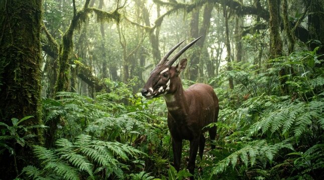 A rare saola standing gracefully amidst lush green ferns in a misty tropical rainforest, this cinematic horizontal composition captures the ethereal beauty of an endangered Asian mammal.