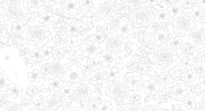 Seamless floral fabric pattern vector with hand-drawn roses and leaves, black and white outline