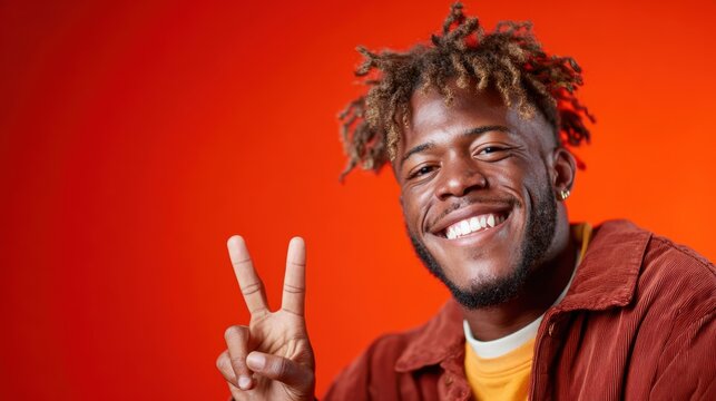 A joyful young man smiles broadly while flashing a peace sign against a warm orange background, showcasing positivity and a carefree attitude.