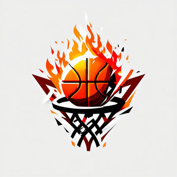Basketball on fire falling through hoop with explosive orange flames and sharp geometric shards on white backdrop.