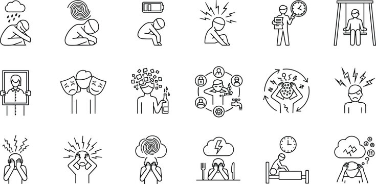 Linear Mental Health Icons Set Representing Psychological Stress Anxiety and Depression Symptoms for Therapeutic Support