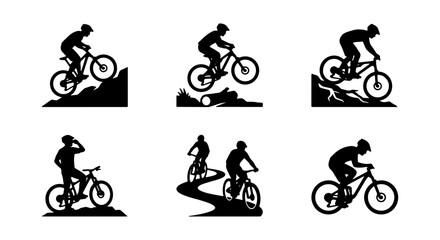 Fototapeta premium Mountain Bike Silhouettes, Extreme Sports Action, Off-Road Cycling Icons, Dynamic Rider Poses, Vector Graphics Set