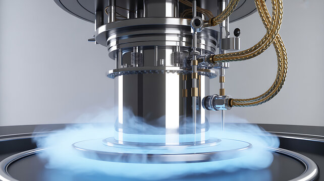 Quantum Computer Cryostat System with Glowing Blue Mist and Gold Cables

