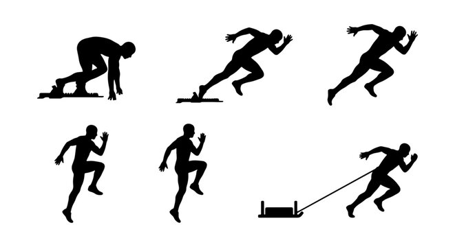 Runner Silhouettes: Sprint Start, Running Poses, Sled Pull Training, Athletic Motion Graphics