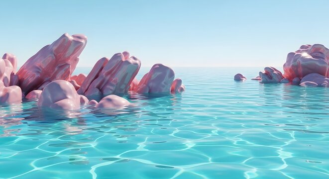 Pink crystalline rock formations in clear blue ocean water. Abstract fantasy environment and luxury spa. Smooth rose quartz stones rising from transparent turquoise sea