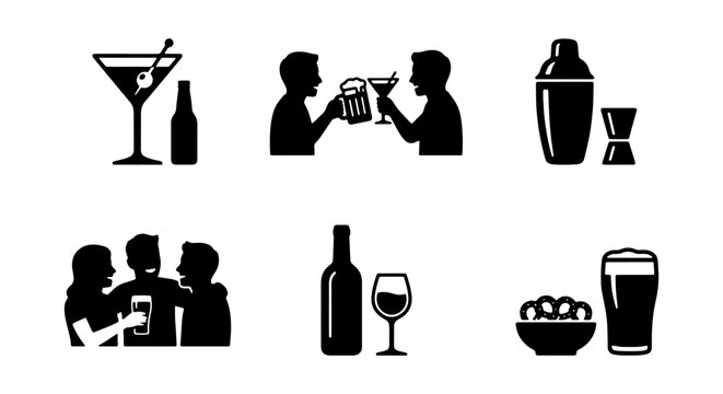 Alcoholic Drinks Icons Set: Cheers, Cocktails, Beer, Wine, Party, Bar, Celebration, Socializing, 6 Vector Graphics