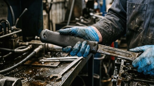 Medium shot focusing on oilresistant soft elastomer grips over rigid tool handles providing secure and comfortable hold in greasy or wet environments.