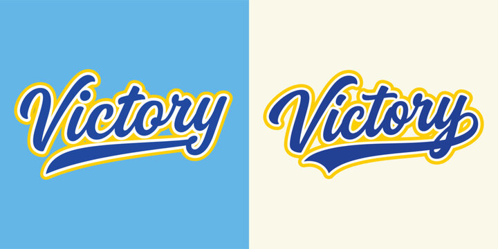 Victory text in blue and yellow script font style on light blue background for sports and celebration.