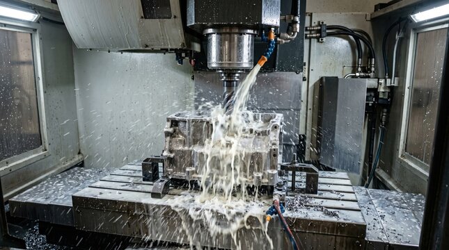 Medium shot capturing coolant flood in action as a computercontrolled CNC mill machines metal casings highlighting fluid cooling and chip removal during the milling process.