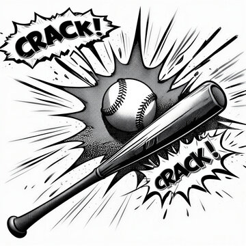 Baseball bat hitting ball with sound effect crack in comic book style.