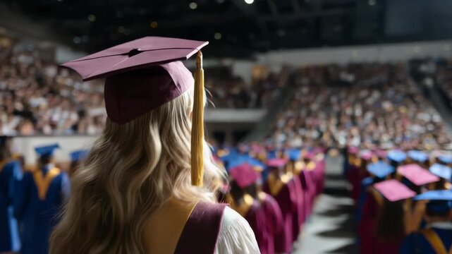 graduation ceremony with students in caps and gowns at an indoor venue