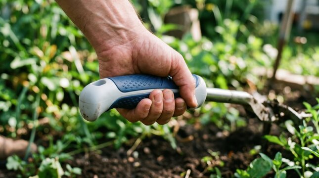 Medium shot of a hand gripping a dualcolor ergonomic tool handle with soft elastomer overmolding enhancing comfort and control during extended use.