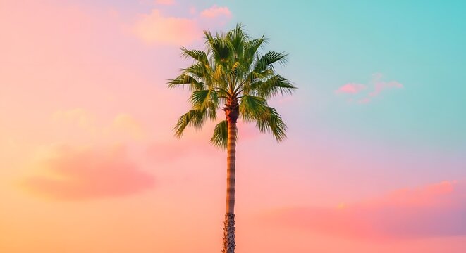 Minimalist composition of a single palm tree against a pastel sunset sky. Simplicity and tropical mood. Tall palm trunk reaching into pink and teal clouds at dusk