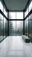 Fototapeta premium ​Modern minimalist glass pavilion house with marble interior overlooking a misty pine forest 