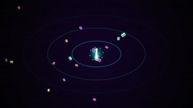 Glowing digital mail icons orbiting a central data portal in cyberspace