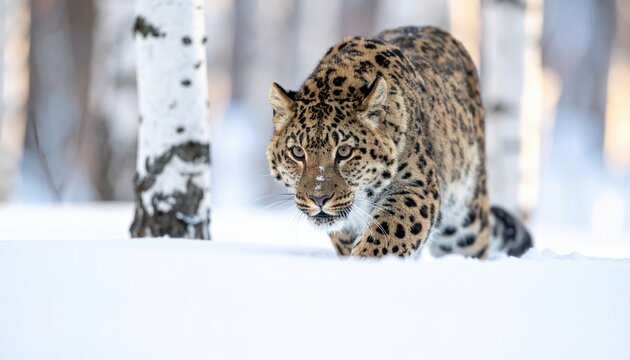 Majestic Amur leopard with a striking rosetted coat prowling through thick snow in a birch forest, captured in a cinematic widescreen composition perfect for wildlife conservation and wallpapers.