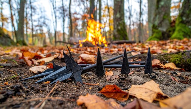 Ancient pointed steel arrowheads scattered across trampled dirt and dry leaves in a forest, cinematic widescreen composition with a warm glowing campfire burning in the blurred background.