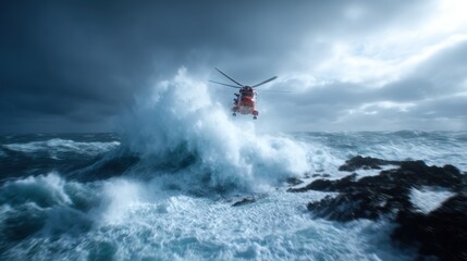Fototapeta premium A courageous rescue helicopter hovers amidst towering ocean waves, showcasing the bravery and determination of those who protect lives in dangerous conditions.