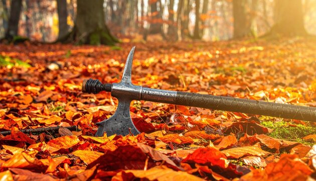 A forged steel halberd head with a sharp axe blade and pointed tip lies resting on a bed of golden fallen autumn leaves in a sunlit forest, creating a cinematic medieval banner for gaming.