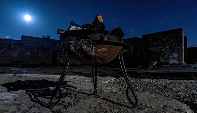 Rustic iron brazier filled with charcoal and wood stands outdoors under a starry night sky with a bright moon, creating a cinematic and atmospheric scene in an ancient stone courtyard.