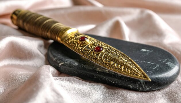 Elegant ornate dagger with polished brass finish and red gemstone inlays rests on a black stone atop pink silk, featuring a cinematic widescreen composition and intricate metalwork details.