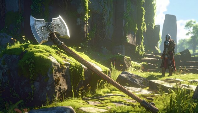 A massive steel poleaxe with a long wooden shaft and curved double blade leaning against a mossy rock in a lush forest meadow, captured in a cinematic widescreen composition with a knight.