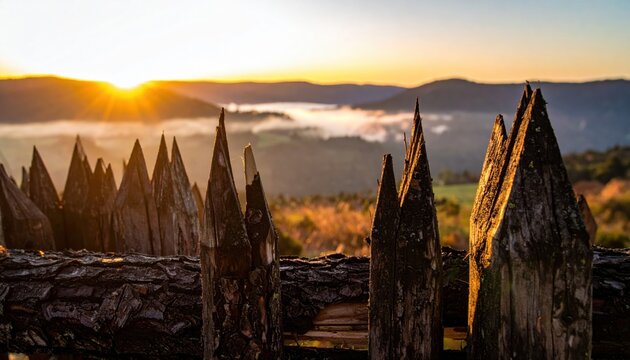 Sharpened wooden stakes and defensive palisade fence overlooking a misty mountain valley at sunrise. A cinematic widescreen landscape with rough bark textures and glowing morning golden light.