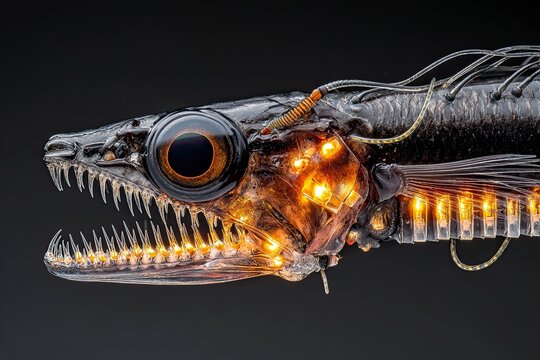 Intricate mechanical viperfish with needle-like teeth and glowing bioluminescent lights, a steampunk cyberpunk aquatic creature