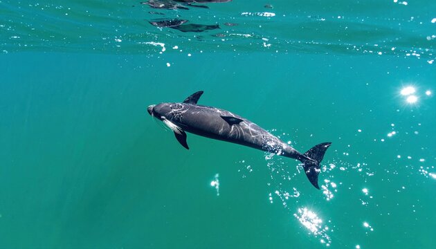 Cinematic wide shot of a rare Vaquita porpoise gliding gracefully beneath the calm turquoise surface of the Gulf of California, highlighting the beauty of this critically endangered marine species.