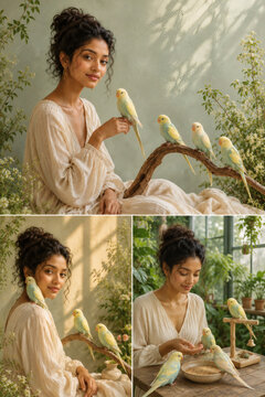 Woman feeding pastel parakeets in serene garden digital collage with soft natural light