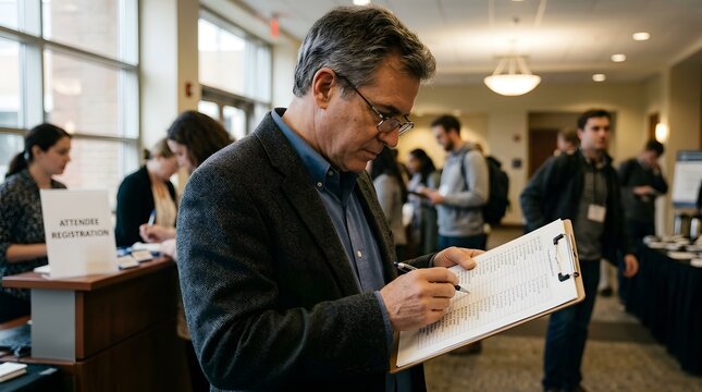 Mature man reading name list at a registration desk for a Holocaust Remembrance Day concept, searching through historical records or a memorial roster in a solemn atmosphere