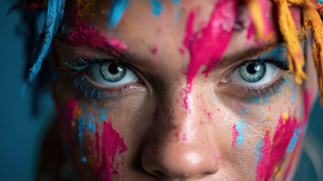 A compelling close-up portrait captures the vibrant emotions of a young woman adorned in colorful paint, showcasing the beauty of self-expression and creative artistry.