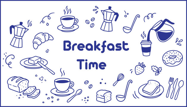 Breakfast food doodle art vector set.