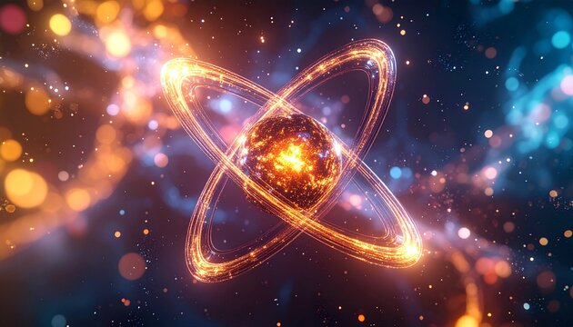 Abstract Atom Model with Glowing Orbitals and Nucleus in Space.