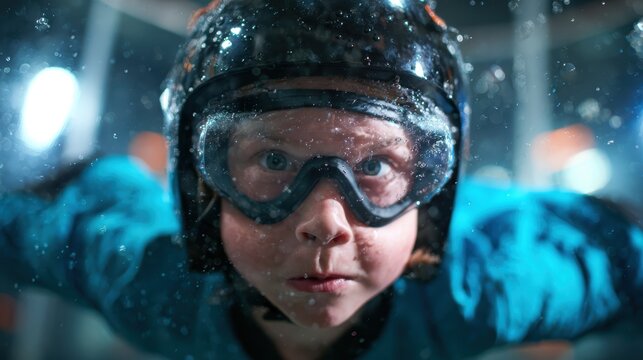 A determined child wearing protective gear, ready for an indoor skydiving experience, capturing excitement and bravery, embodying childhood adventure and the thrill of new experiences.