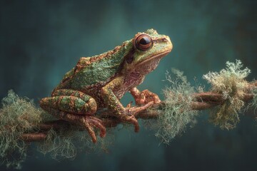 Obraz premium Intricately patterned tiny tree frog with striking red eyes perched on a lichen-covered branch in its natural habitat