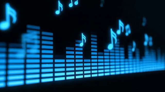 Blue digital music equalizer with glowing notes and frequency bars on dark backdrops