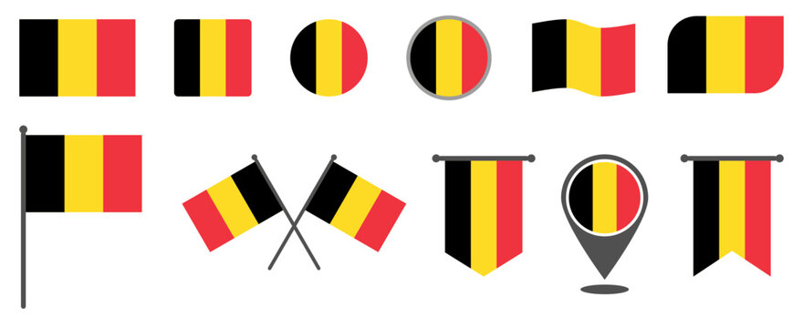 Vector set of belgian flag with various types. Flag of belgium icons.