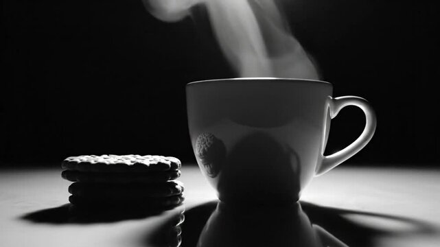 Black and white still life with a steaming cup of coffee and biscuits, creating a cozy and warm atmosphere.