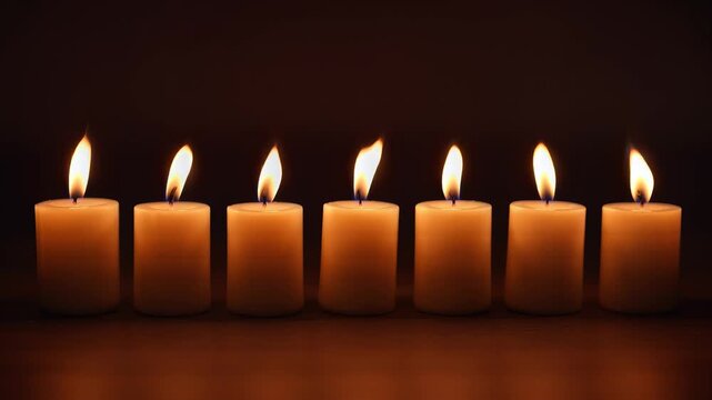 Seven burning white pillar candles glowing in a dark environment with flickering flames.