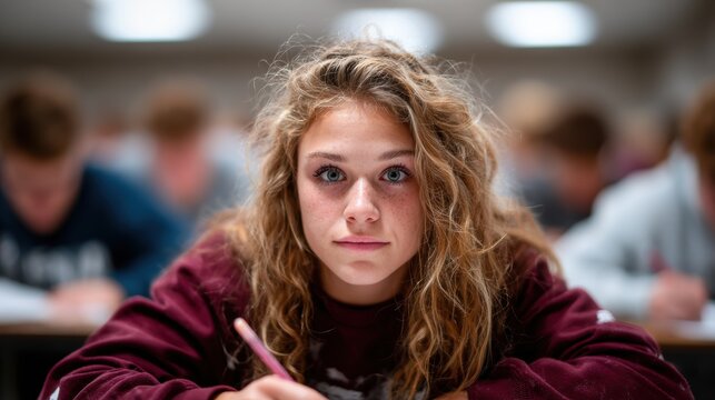 A young female student intensely focuses during an examination, encapsulating determination and concentration amidst a bustling classroom filled with peers and learning.