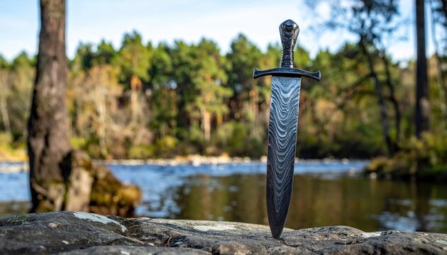 A hand forged Damascus steel sword blade with distinctive wavy water patterns stands on a rock by a river in the forest, representing ancient craftsmanship and legendary warrior traditions.