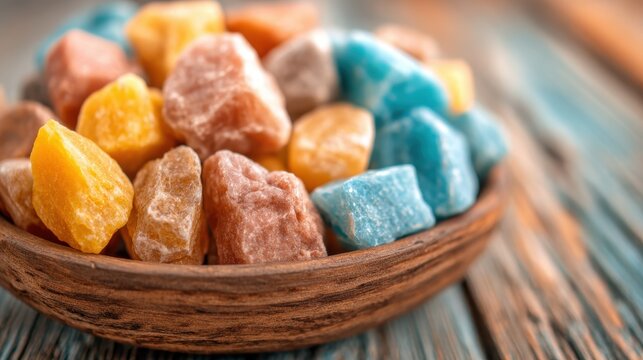 A beautiful bowl filled with colorful pieces of rock candy, perfectly showcasing the vibrant hues and textures that tantalize the senses and evoke delightful sweet memories.