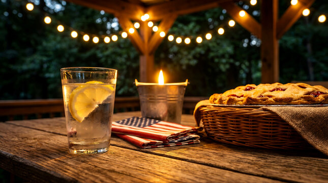 A glass of lemonade with a pie on a wooden table outdoors at dusk with string lights