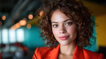 Fototapeta premium A confident woman with curly hair smiles at the camera, dressed in a stylish orange jacket against a vibrant background, reflecting modern fashion and self-assuredness.