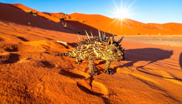Exotic Thorny Devil Lizard with Spiky Protective Armor Walking on Vivid Red Desert Sand Dunes Under a Bright Sun, Capturing Australian Wilderness in a Cinematic Widescreen Landscape Scene.