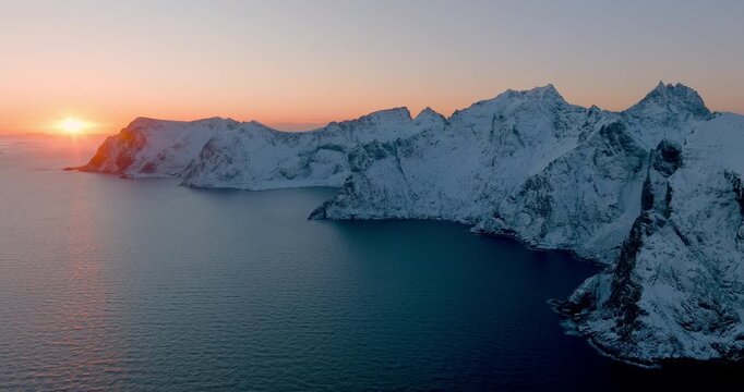 Aerial view of Lofoten peaks during sunrise 