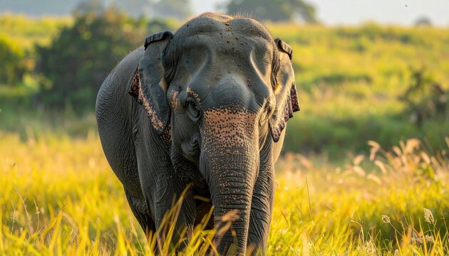 Majestic Asian elephant with wrinkled grey skin and small ears walking through tall yellow grass at sunset, capturing the raw beauty of wildlife in a serene cinematic widescreen landscape view.